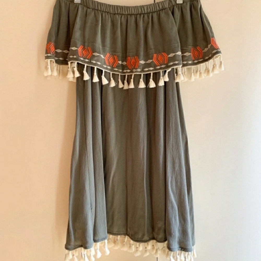 Green Off the Shoulder Dress with Tassles
